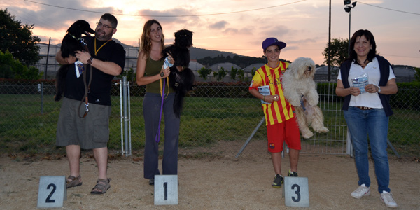 Podi de concurs de gossos amb participants i guanyadors.