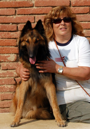 Dona amb gos pastor a l'aire lliure.